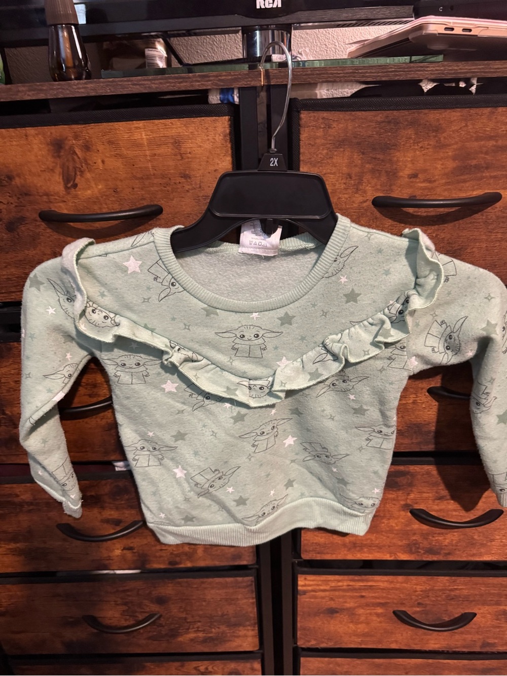 Baby Yoda Print Ruffle Sweatshirt - Mint Green Kids Top size 5T